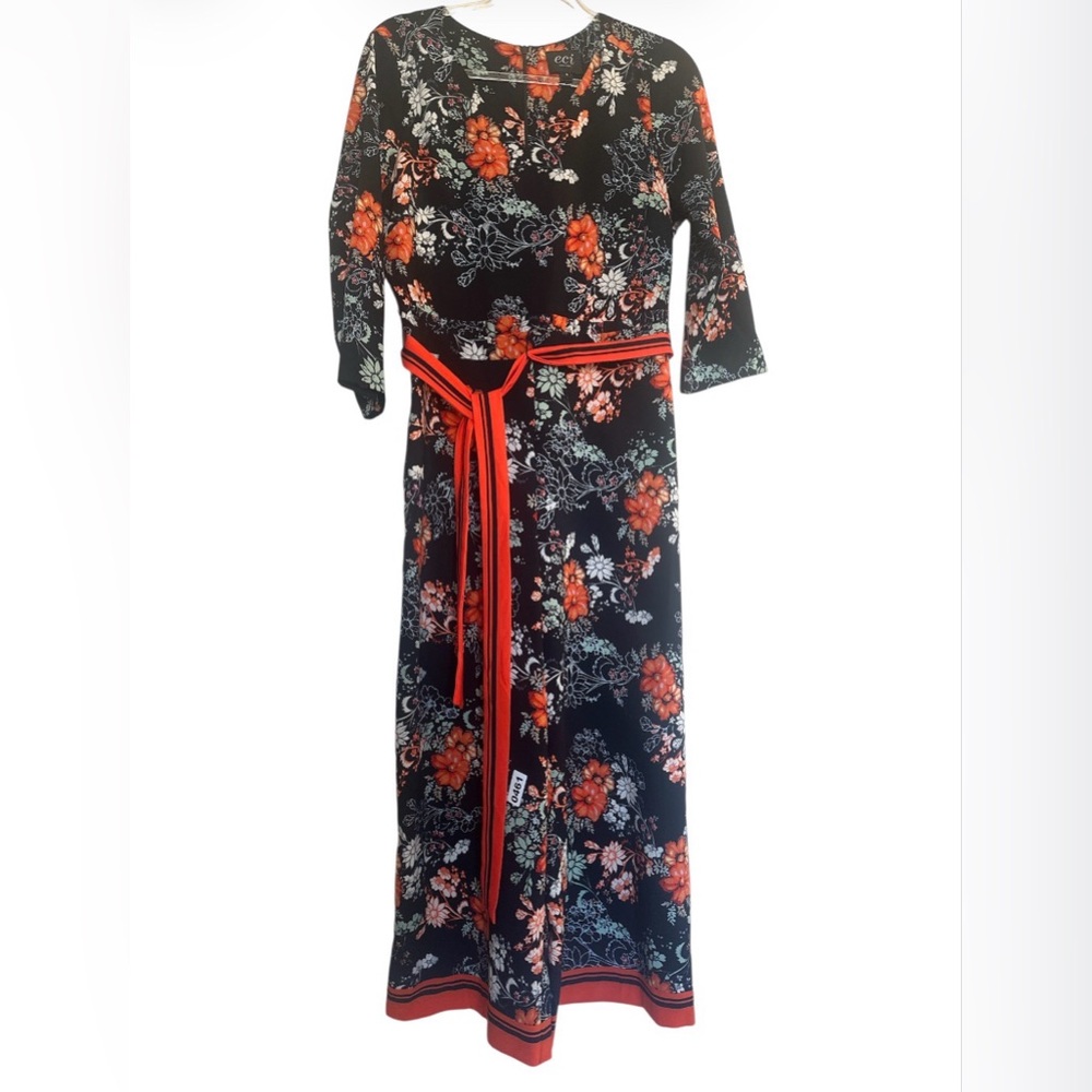 ECI Black Orange Floral Jumpsuit women’s 8 stretch V Neck Boho Casual vintage